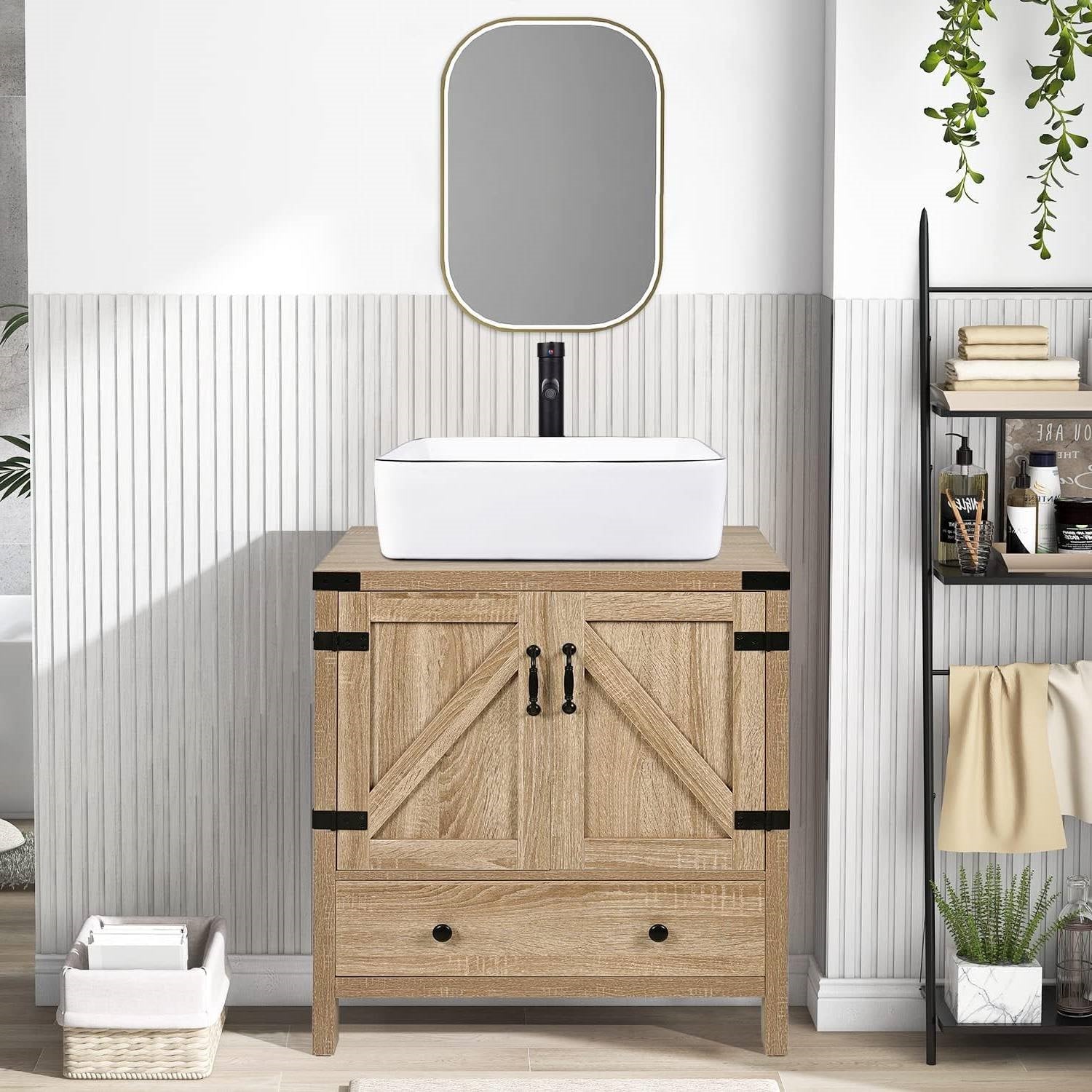 Farmhouse Wood Finish Bathroom Vanity with White Sink - Black Faucet and Drain-0