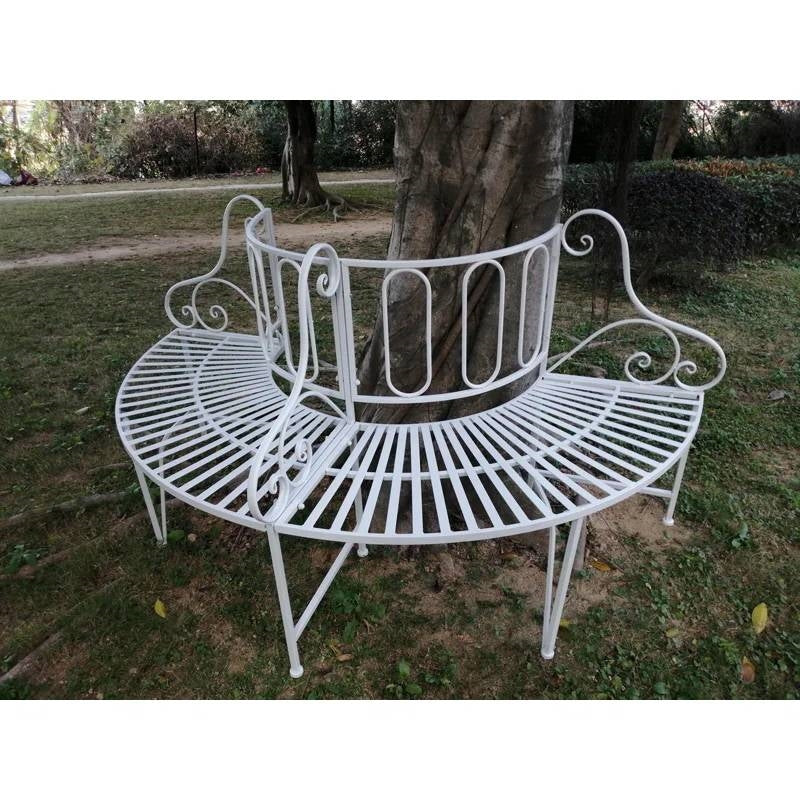 Half-Circle White Metal Outdoor Patio Garden Tree Bench-0
