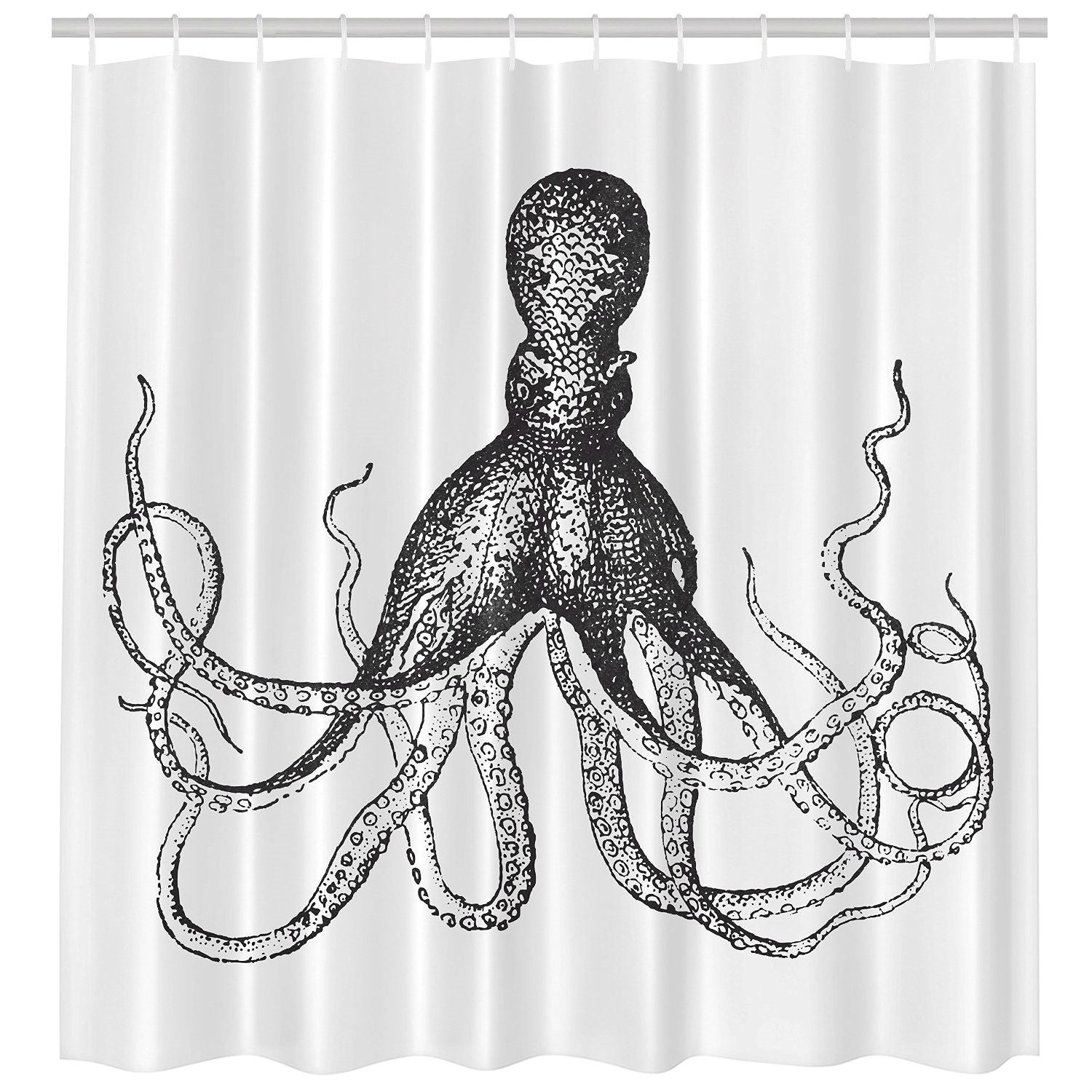 Machine Washable Black White Vintage Octopus Shower Curtain-0