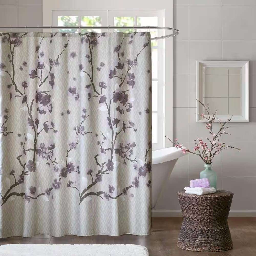 72 x 72 in Cotton Shower Curtain with Purple Grey Beige Floral Blossom Pattern-0