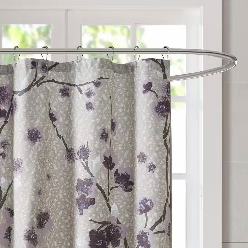 72 x 72 in Cotton Shower Curtain with Purple Grey Beige Floral Blossom Pattern-1