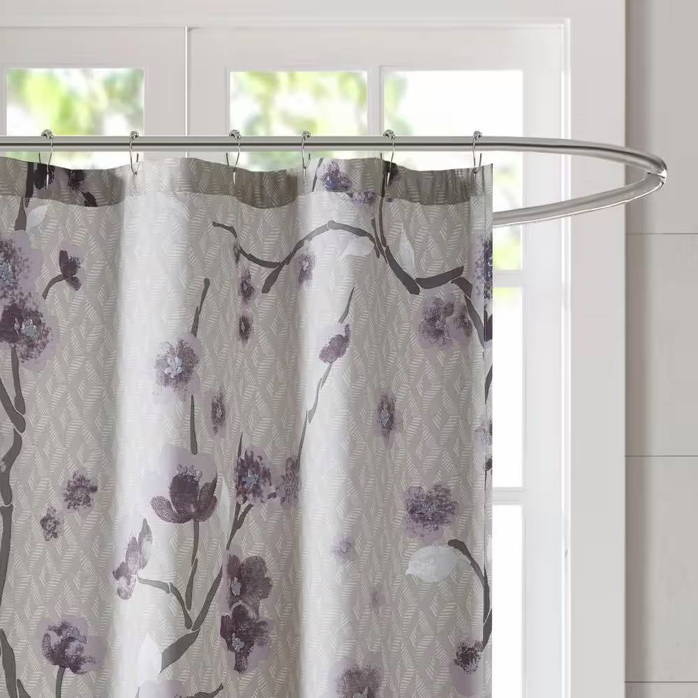 72 x 72 in Cotton Shower Curtain with Purple Grey Beige Floral Blossom Pattern-2