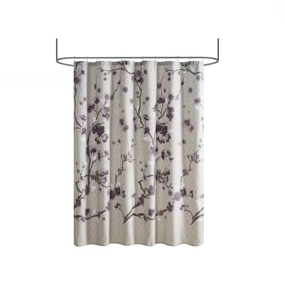 72 x 72 in Cotton Shower Curtain with Purple Grey Beige Floral Blossom Pattern-4