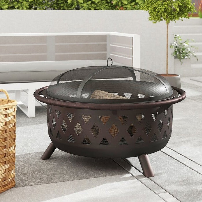 Weather Resistant Steel Wood Burning Fire Pit with Spark Screen-0