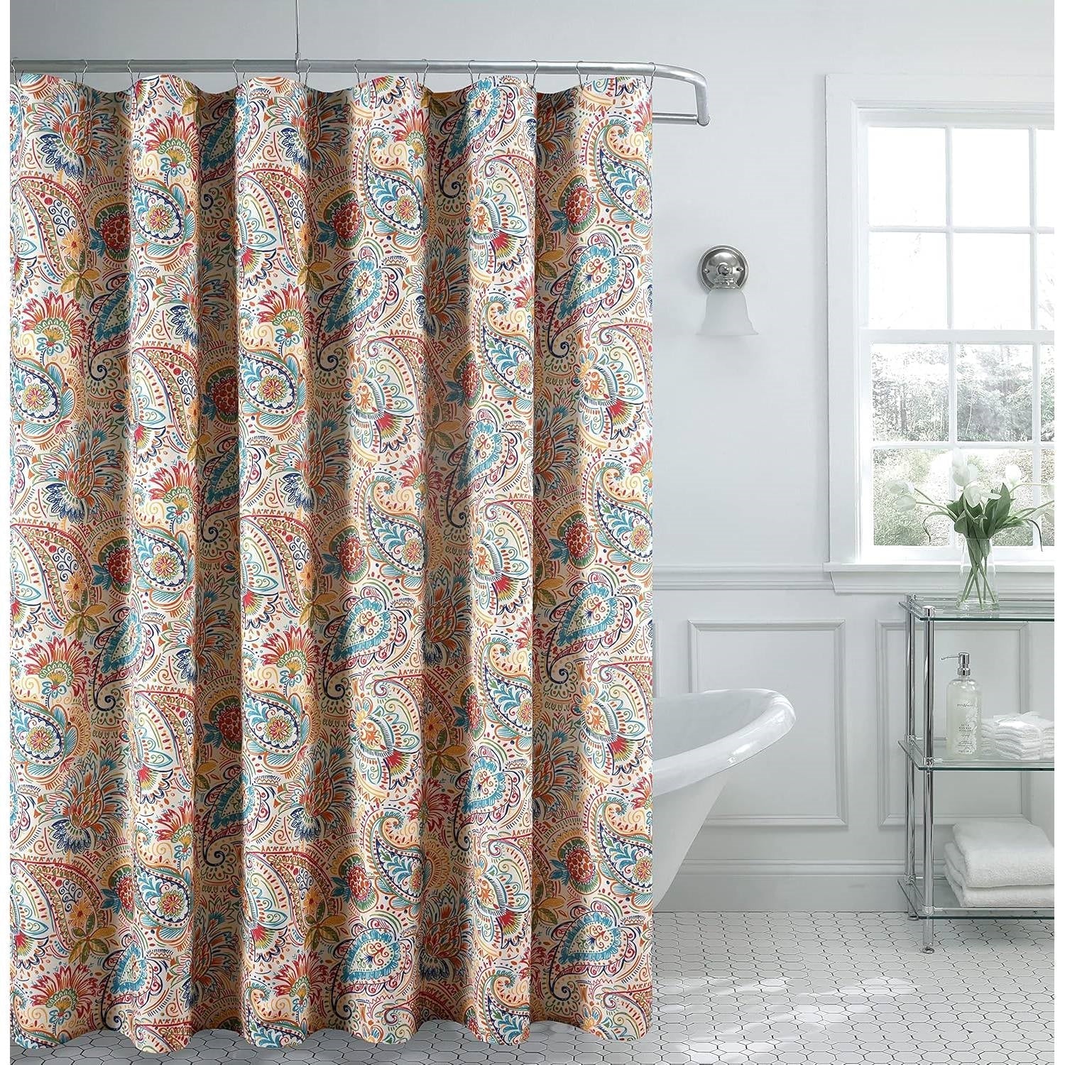 72-in. Paisley Polyester Fabric Shower Curtain in Vibrant Teal Red Yellow White-0