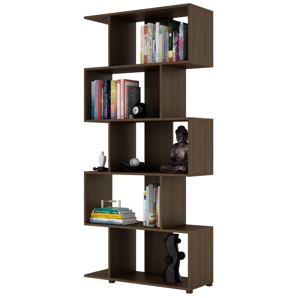 Modern Zig-Zag Bookcase with 5-Shelves in Dark Brown Finish-0