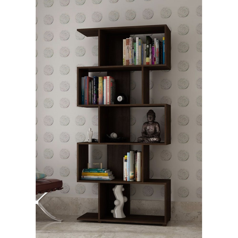 Modern Zig-Zag Bookcase with 5-Shelves in Dark Brown Finish-1