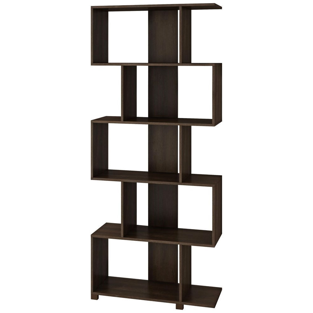 Modern Zig-Zag Bookcase with 5-Shelves in Dark Brown Finish-2