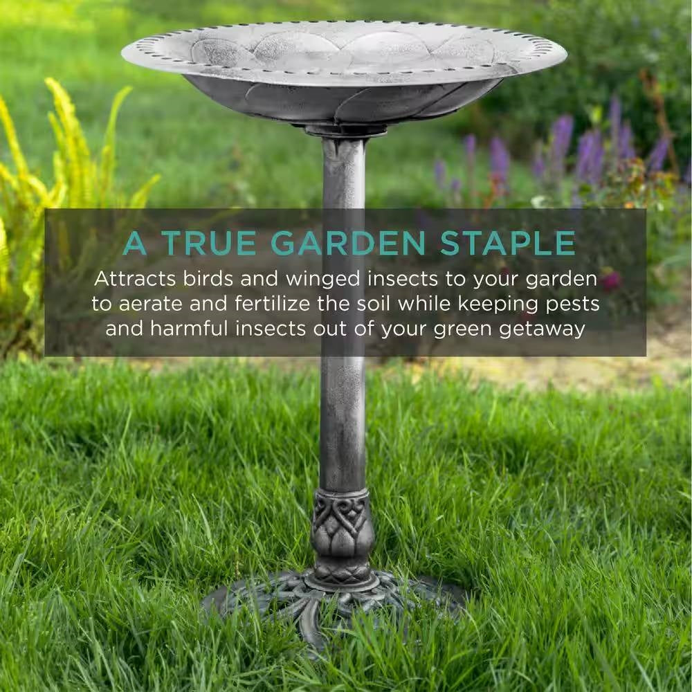 Outdoor Weather Resistant Polyresin Bird Bath in Rustic Aged Silver Finish-3