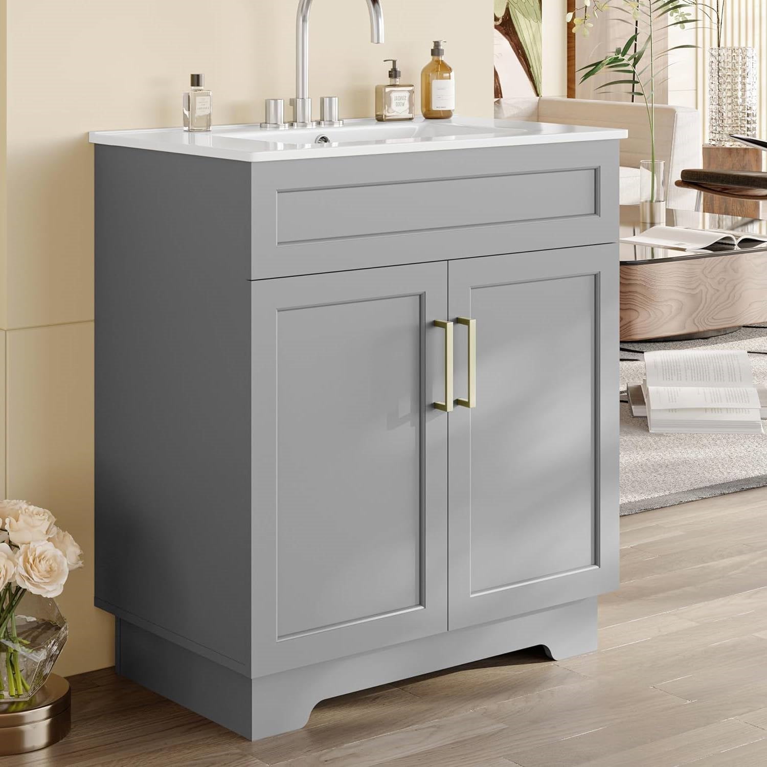 Modern 30-inch Gray Wood Finish Bathroom Vanity with White Ceramic Sink-0