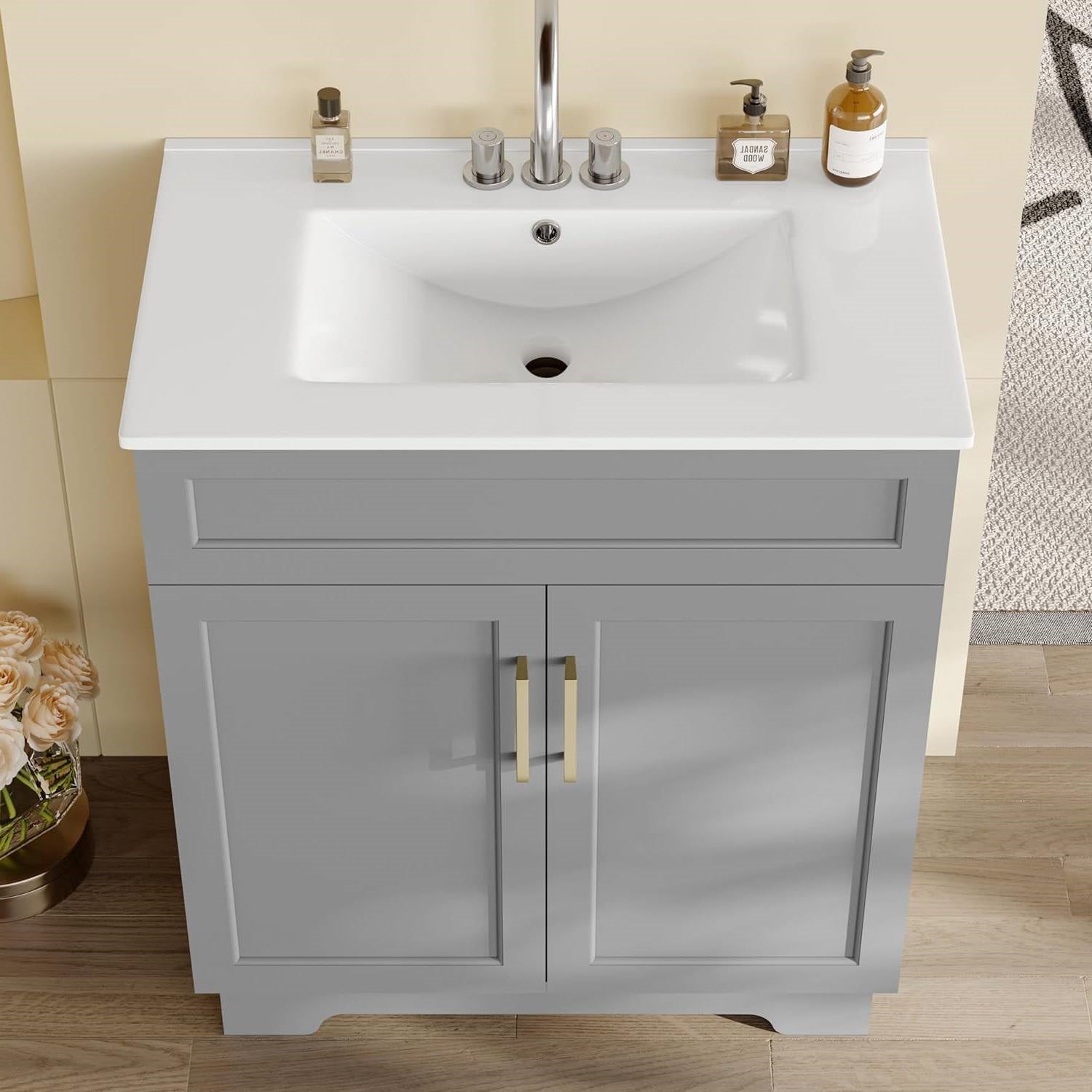 Modern 30-inch Gray Wood Finish Bathroom Vanity with White Ceramic Sink-1