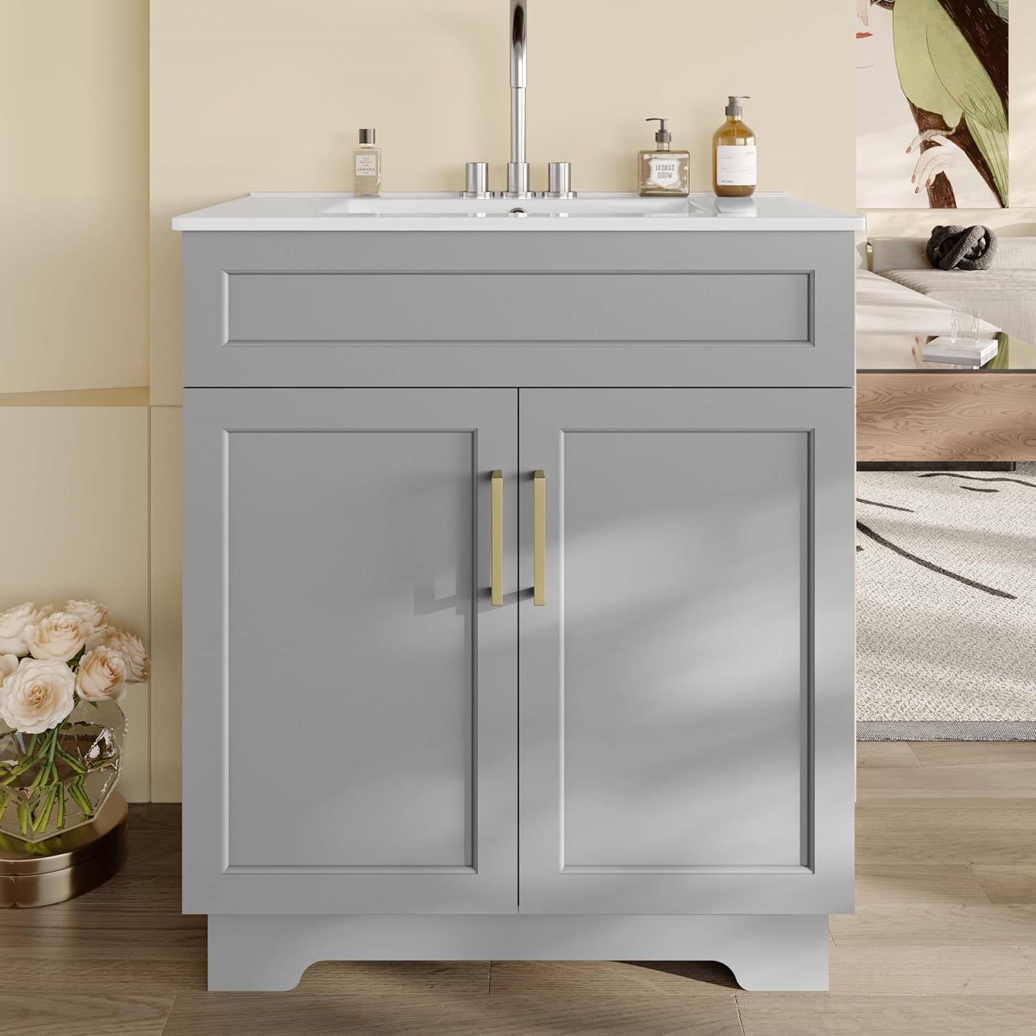 Modern 30-inch Gray Wood Finish Bathroom Vanity with White Ceramic Sink-2