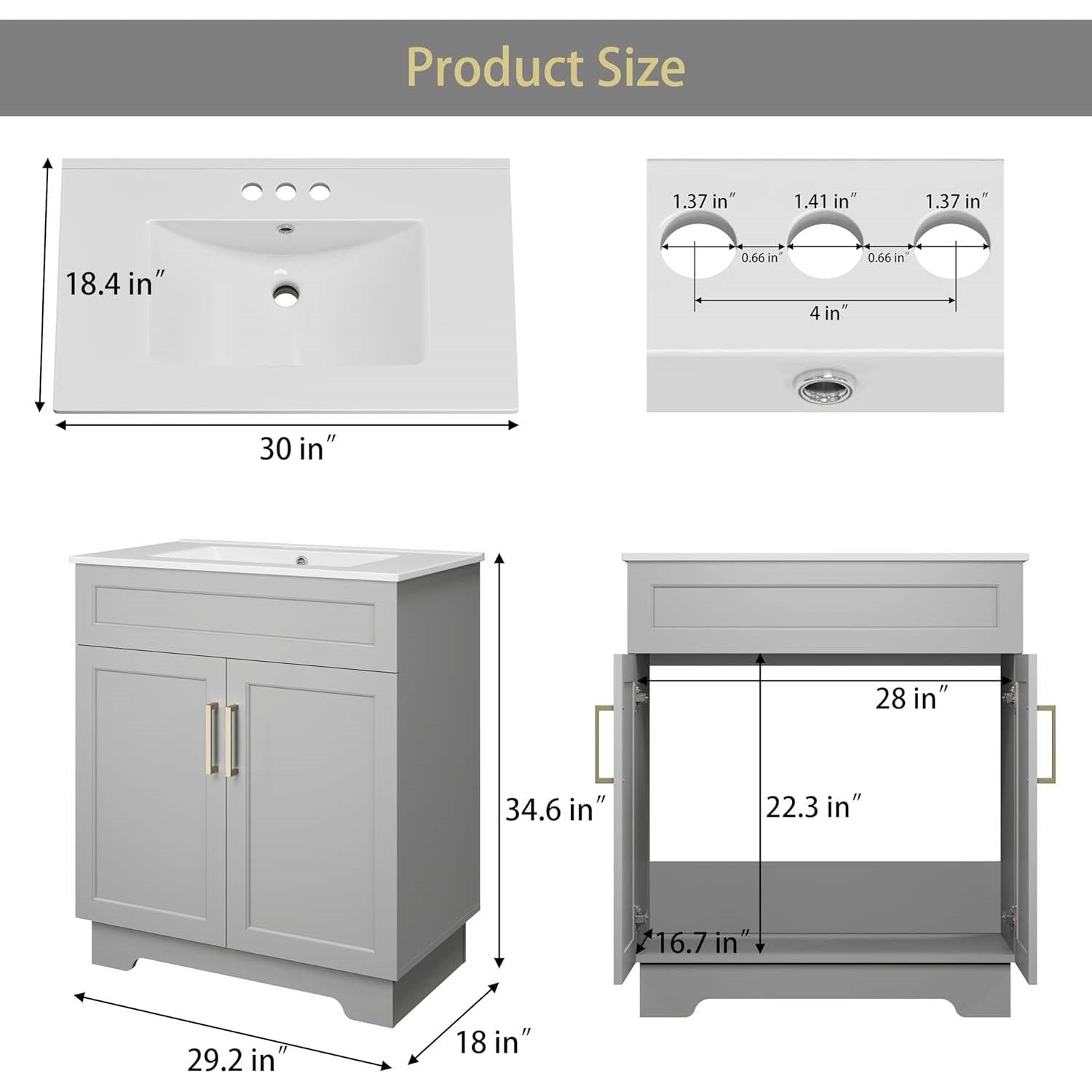 Modern 30-inch Gray Wood Finish Bathroom Vanity with White Ceramic Sink-3