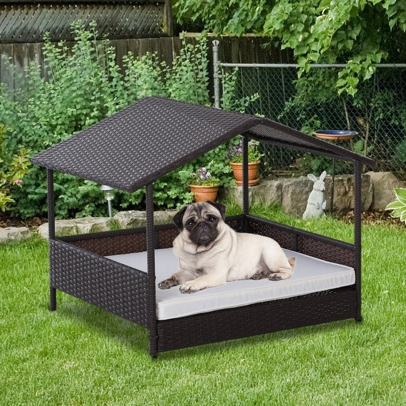 Espresso Wicker Weather Resistant Raised Dog Bed House with 2 in Thick Cushion-1