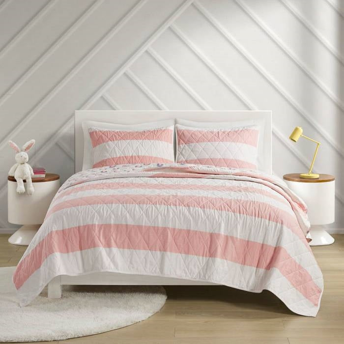 Full/Queen 3 Piece Pink White Stripe Reversible Rainbows Cotton Quilt Set-0