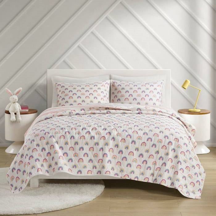 Full/Queen 3 Piece Pink White Stripe Reversible Rainbows Cotton Quilt Set-1