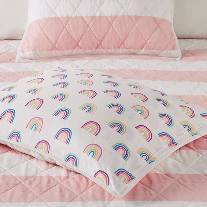 Full/Queen 3 Piece Pink White Stripe Reversible Rainbows Cotton Quilt Set-2