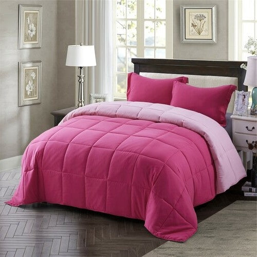 Full/Queen Traditional Microfiber Reversible 3 Piece Comforter Set in Pink-0