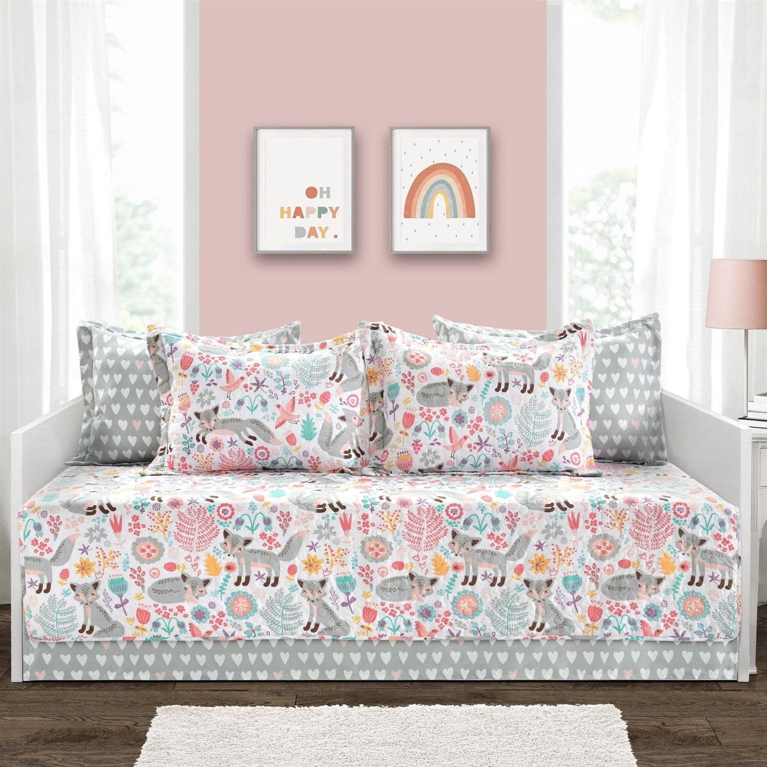 Pink Teal Orange Grey 6 Piece Floral Foxes Daybed Cover Bedding Set-0