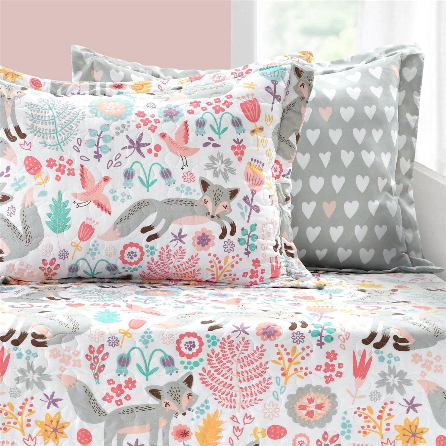 Pink Teal Orange Grey 6 Piece Floral Foxes Daybed Cover Bedding Set-1