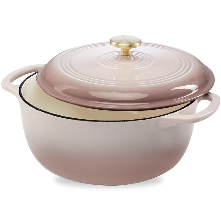 6 Quart Large Pink Beige Off-White Enamel Cast-Iron Dutch Oven Kitchen Cookware-0