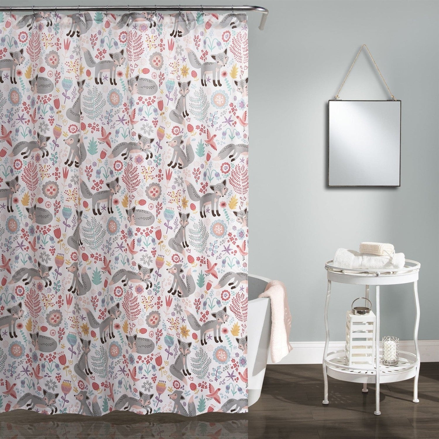 72-inch Pink Grey Teal Floral Fox Birds Polyester Shower Curtain-0