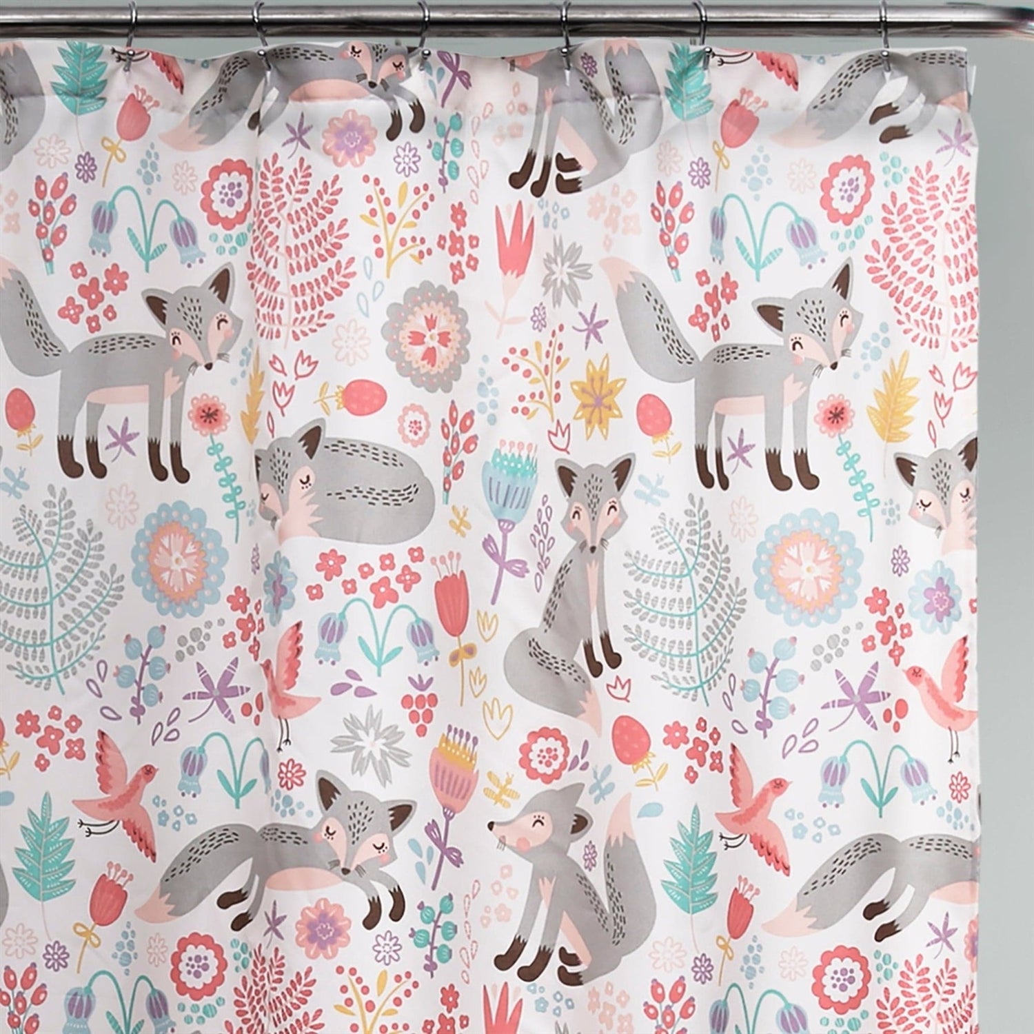 72-inch Pink Grey Teal Floral Fox Birds Polyester Shower Curtain-1