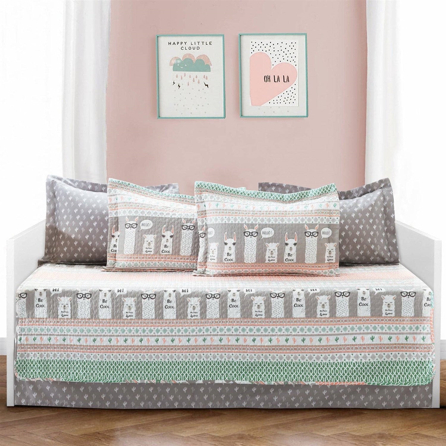 Pink Turquoise Grey White Llama Cactus Southwest 6 Piece Daybed Cover Set-0