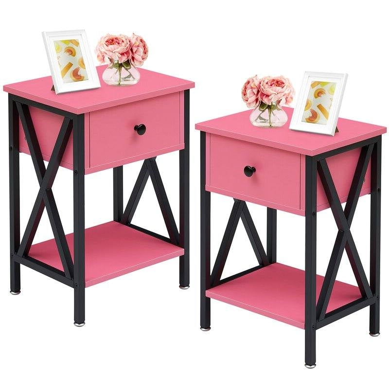 Set of 2 - 1-Drawer Nightstand Bedside Table in Pink and Black-0