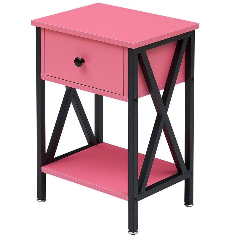 Set of 2 - 1-Drawer Nightstand Bedside Table in Pink and Black-1