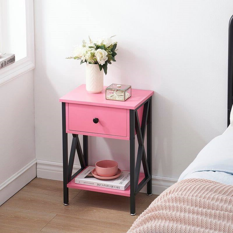 Set of 2 - 1-Drawer Nightstand Bedside Table in Pink and Black-3