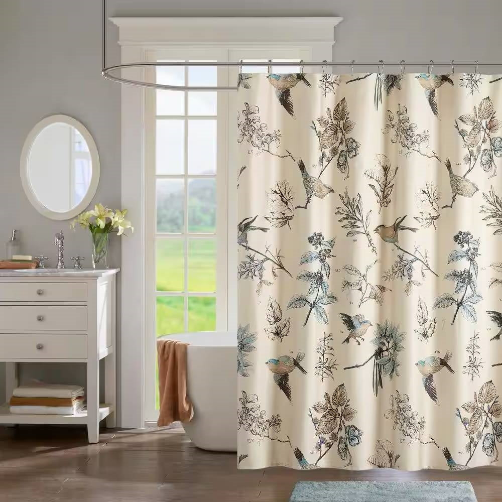 72-inch Beige Khaki Cotton Shower Curtain with Vintage Birds Leaf Floral Print-0