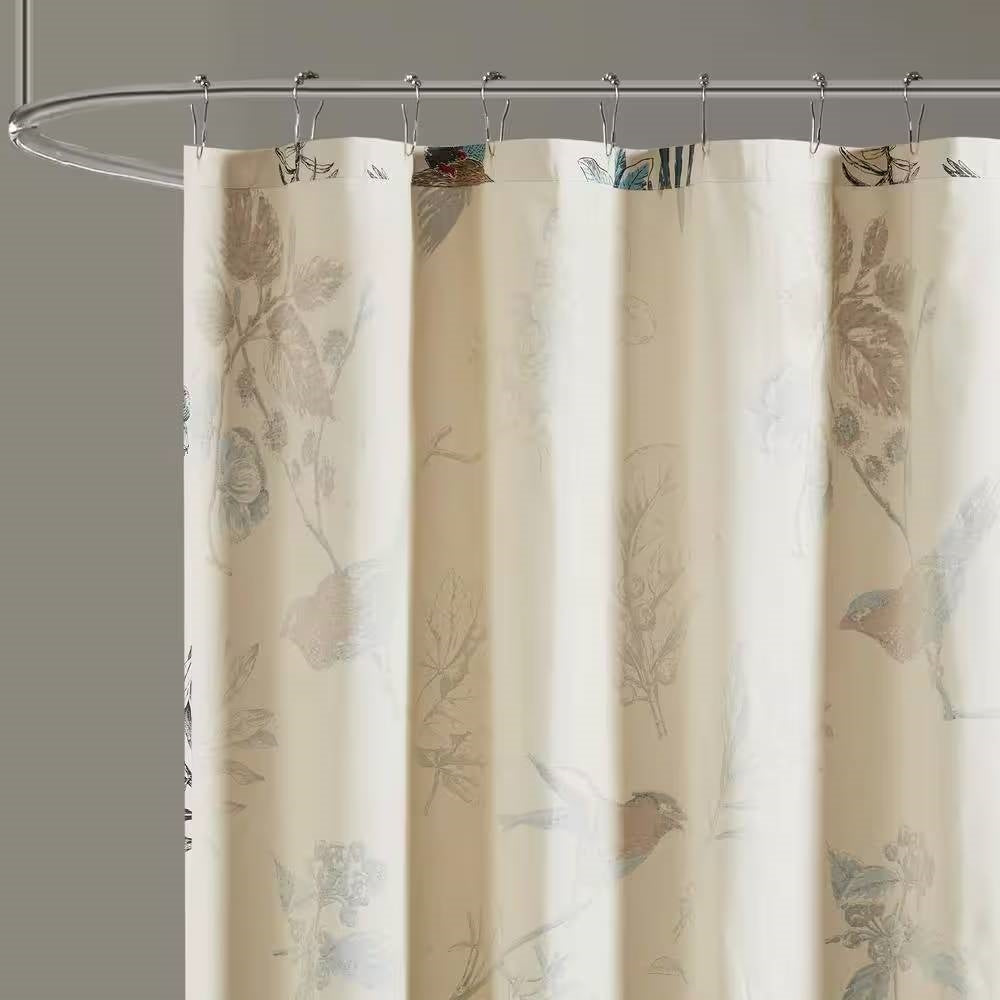 72-inch Beige Khaki Cotton Shower Curtain with Vintage Birds Leaf Floral Print-2