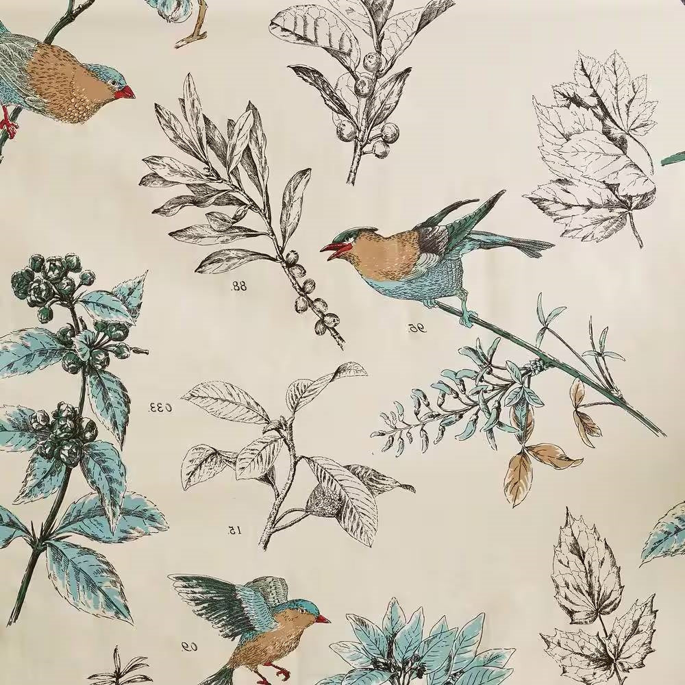 72-inch Beige Khaki Cotton Shower Curtain with Vintage Birds Leaf Floral Print-3