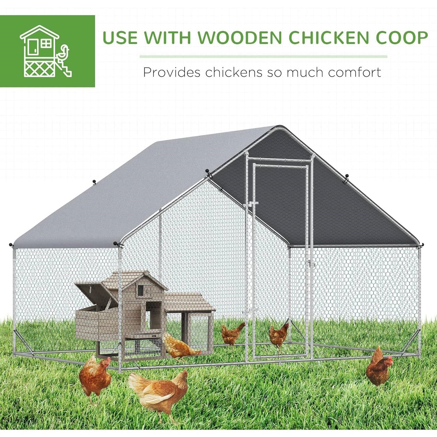 9.8 Ft x 6.6 Ft. Outdoor Yard Metal Walk-in Chicken Coop with Waterproof Cover-3