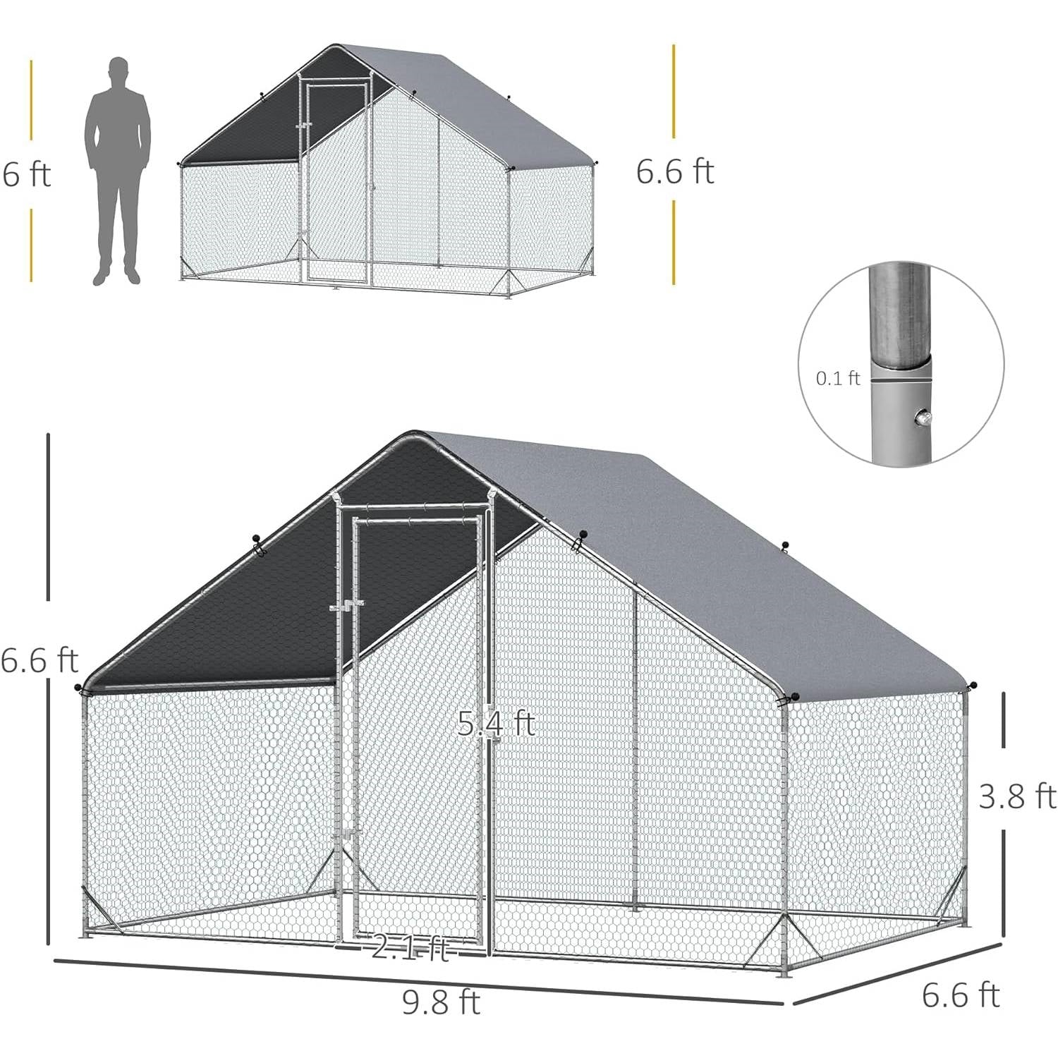 9.8 Ft x 6.6 Ft. Outdoor Yard Metal Walk-in Chicken Coop with Waterproof Cover-4