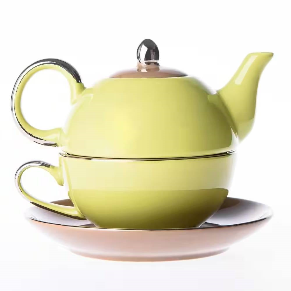 Green Yellow Porcelain Ceramic Teapot Cup Set Dishwasher and Microwave Safe-0