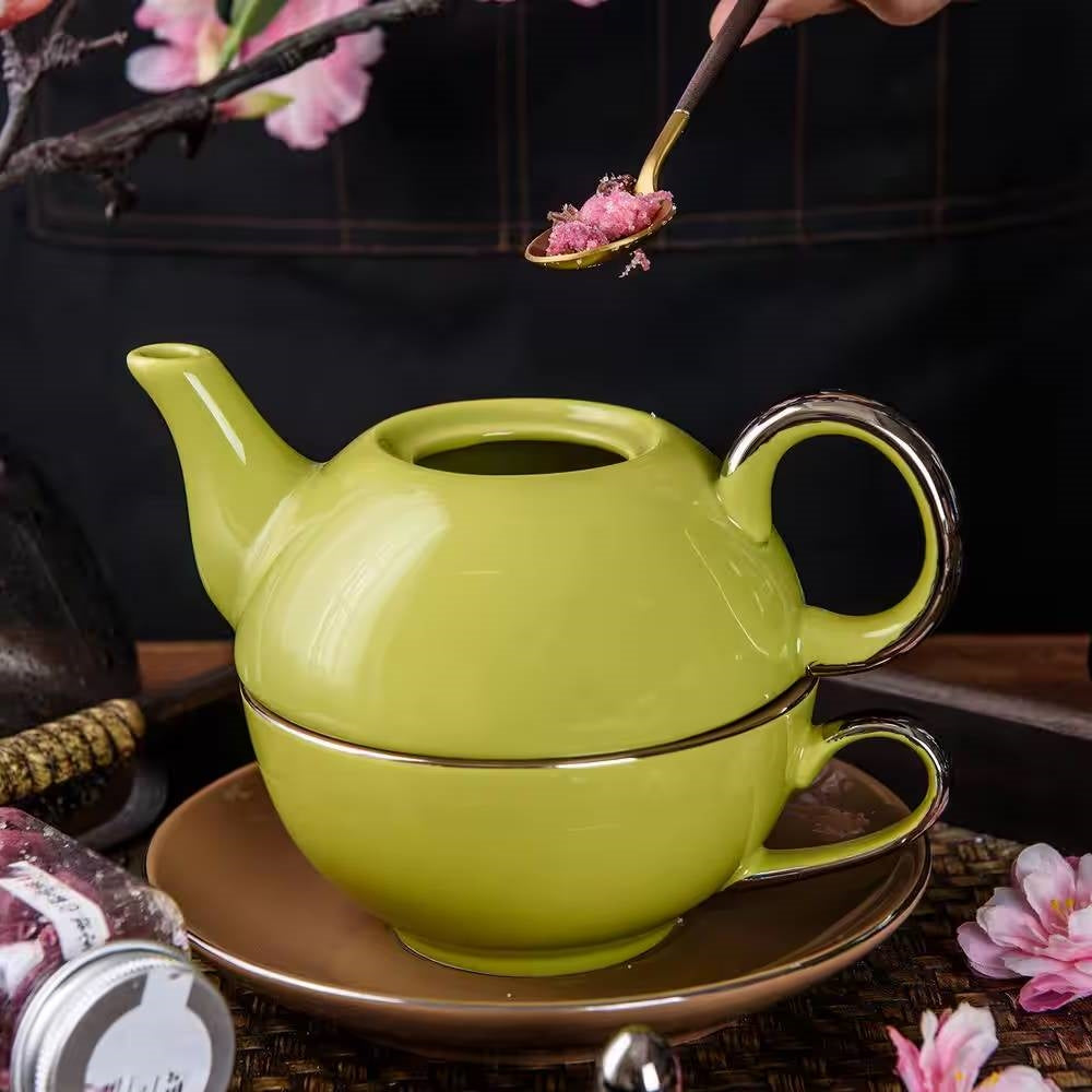 Green Yellow Porcelain Ceramic Teapot Cup Set Dishwasher and Microwave Safe-2