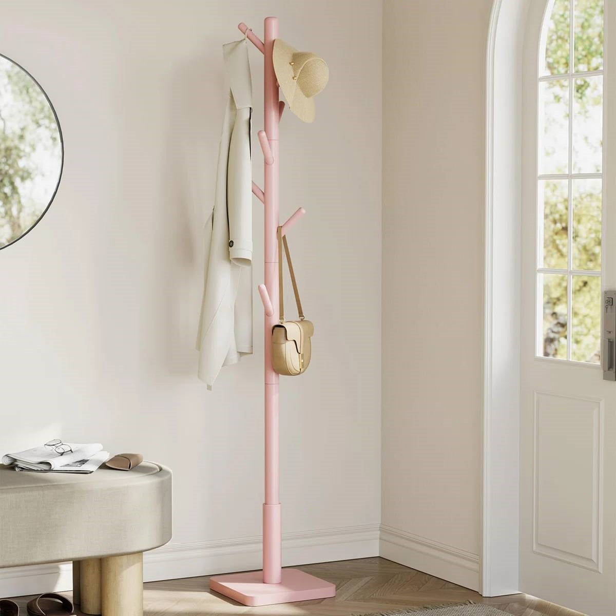 Modern Solid Wood Coat Rack Entryway Hall Tree Hat Stand in Pink-0