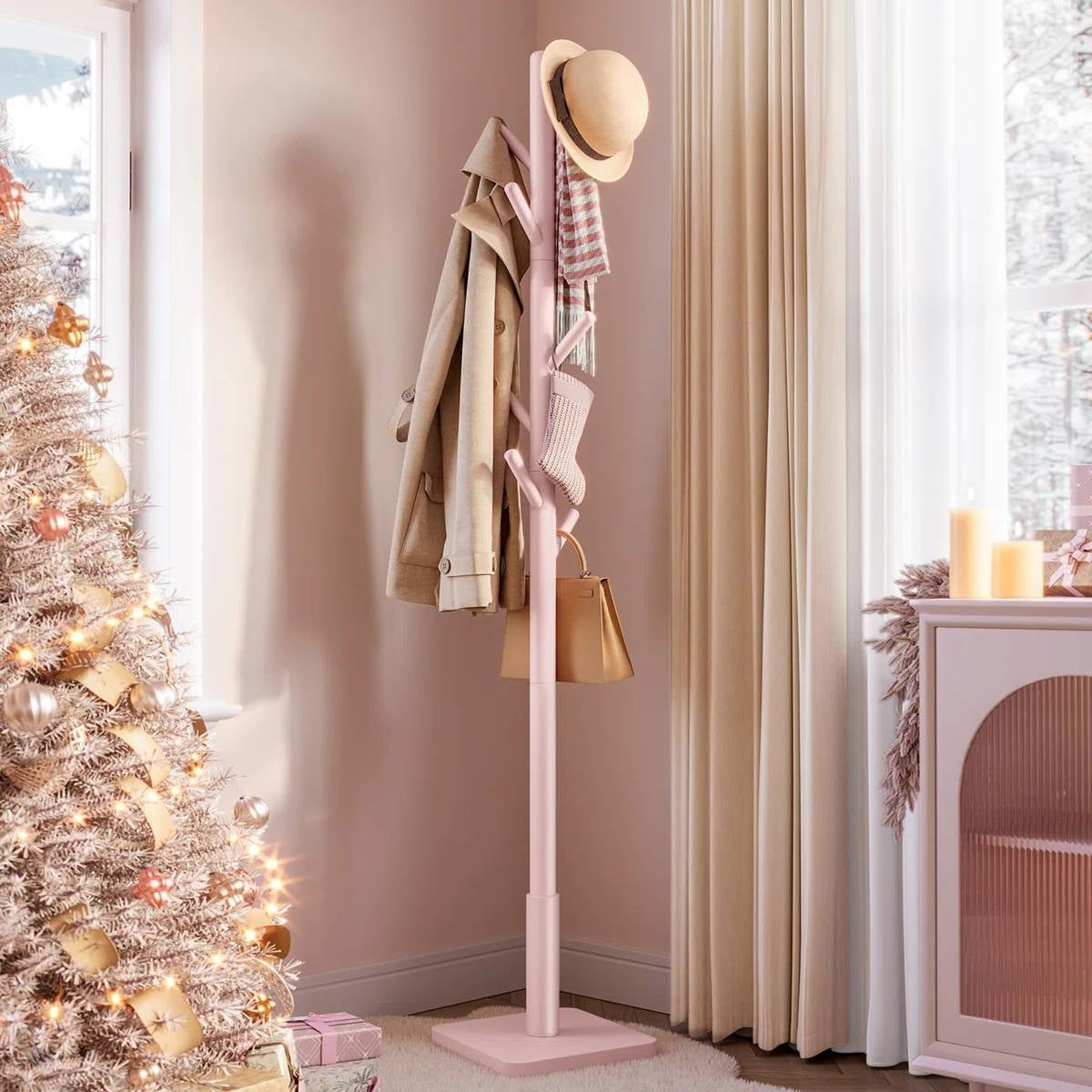 Modern Solid Wood Coat Rack Entryway Hall Tree Hat Stand in Pink-3