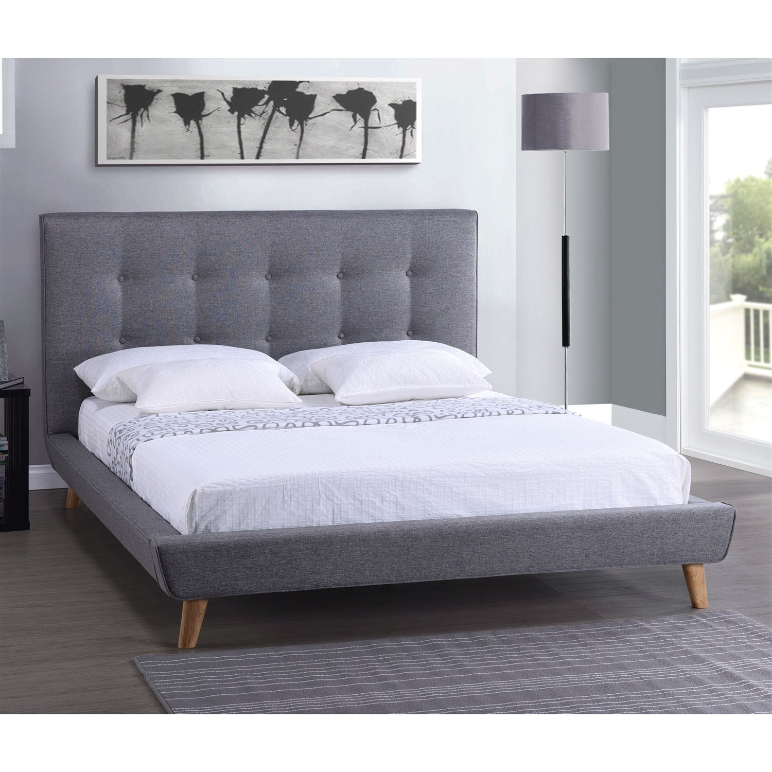 Full Modern Grey Linen Upholstered Platform Bed with Button Tufted Headboard-0