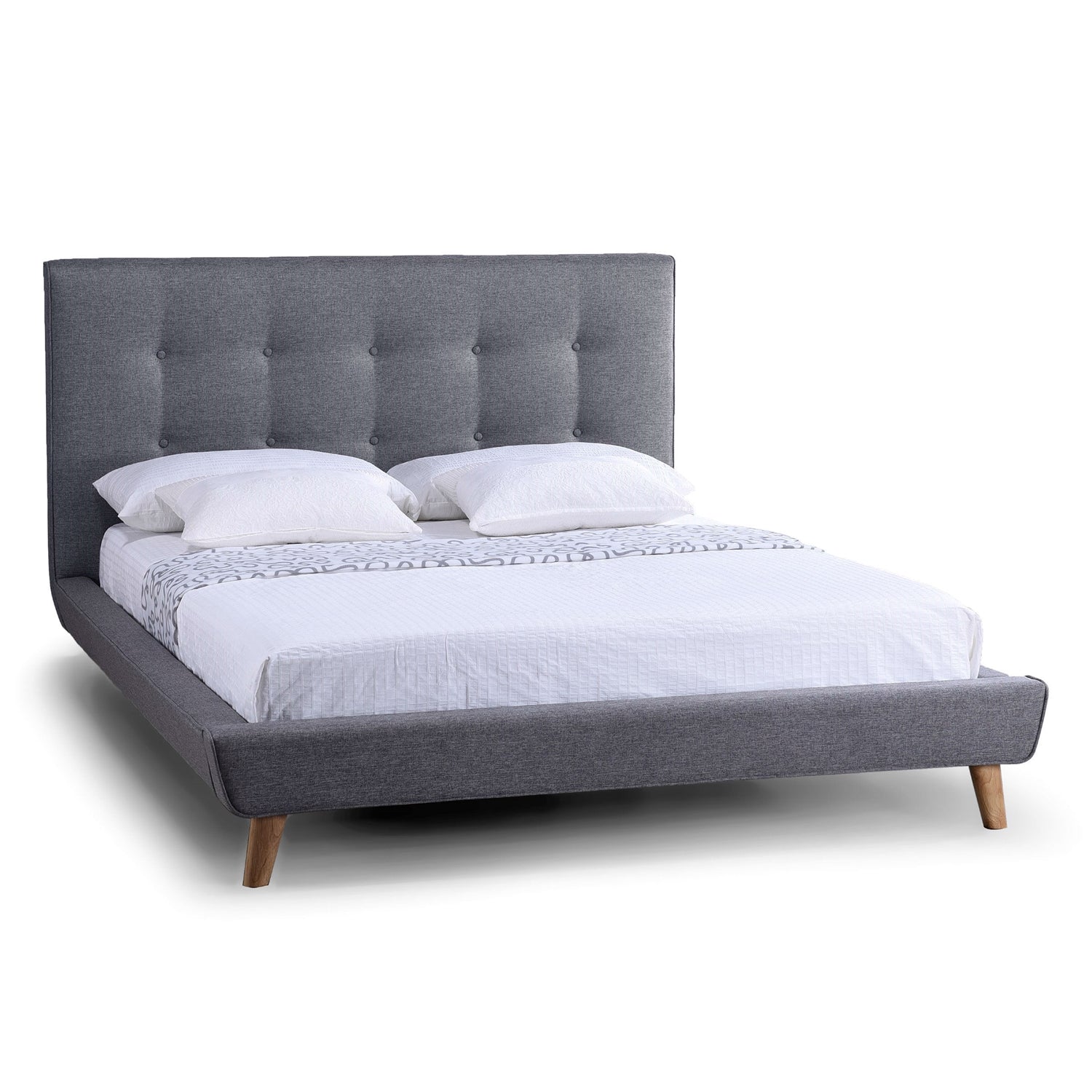 Full Modern Grey Linen Upholstered Platform Bed with Button Tufted Headboard-2