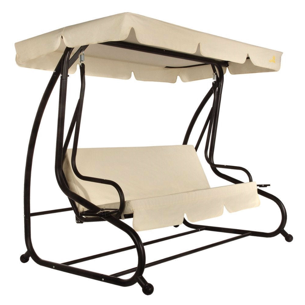 Outdoor 3-Seat Canopy Swing with Beige Cushions for Patio Deck or Porch-0