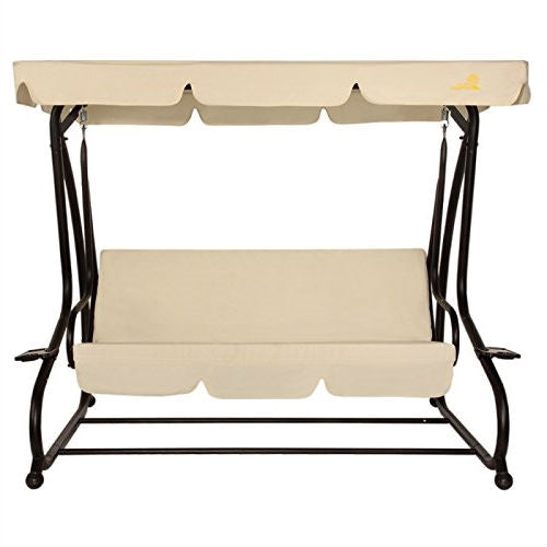 Outdoor 3-Seat Canopy Swing with Beige Cushions for Patio Deck or Porch-1