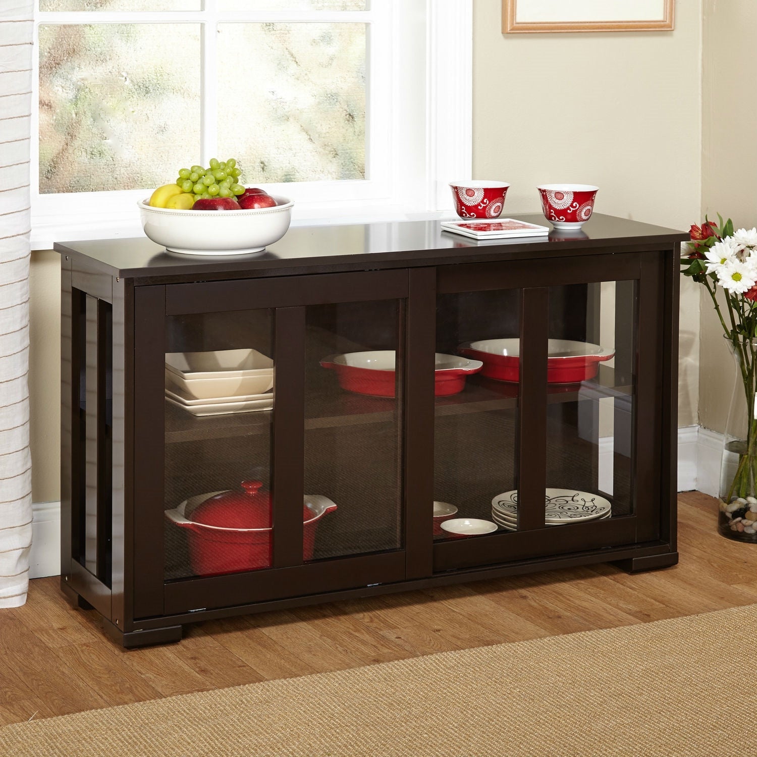 Espresso Sideboard Buffet Dining Kitchen Cabinet with 2 Glass Sliding Doors-0