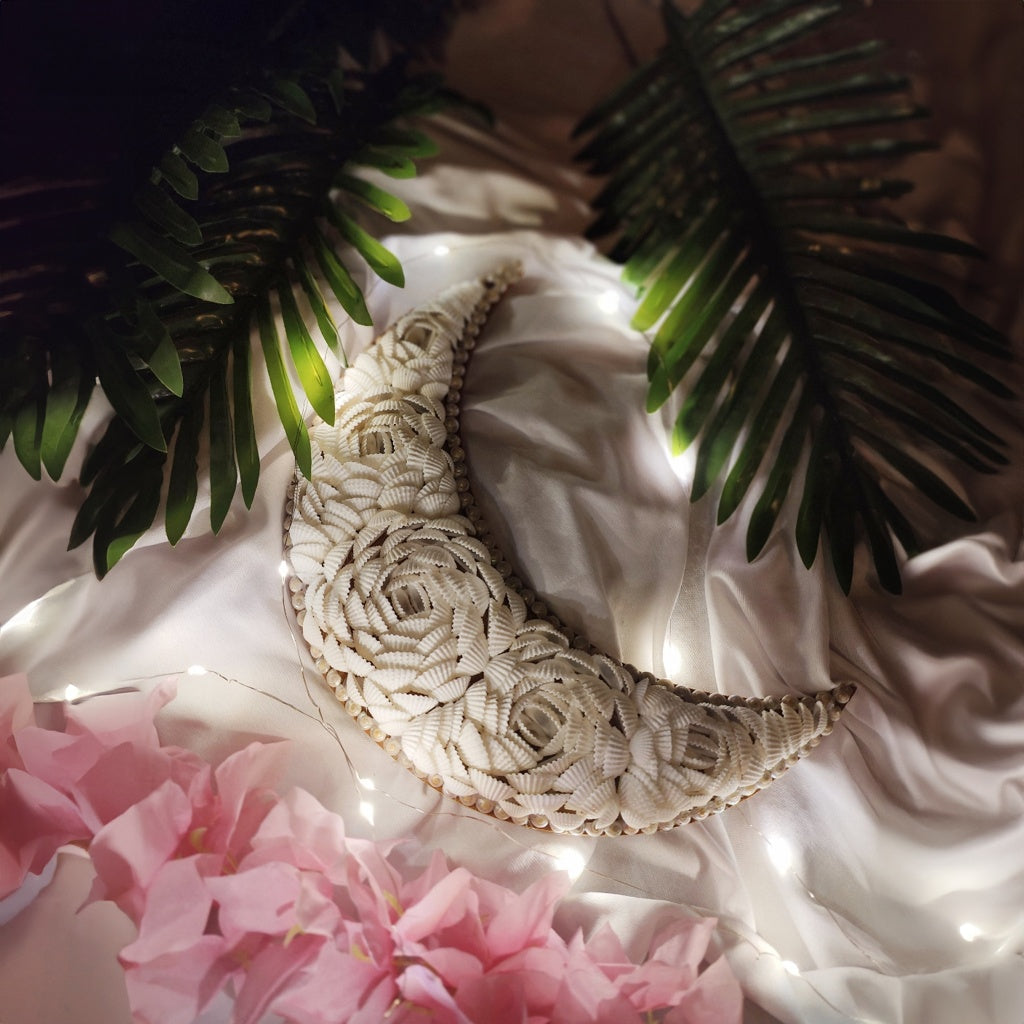 Handmade Seashell Moon Wall Art - 12" Crescent Moon Decor - Coastal Style-3