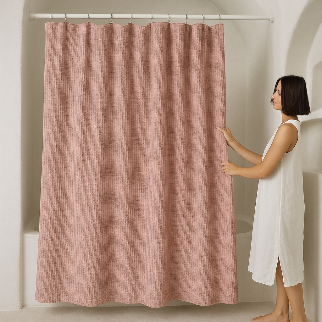Blush Pink Cotton Waffle-Weave Shower Curtain – Extra-Wide, Extra-Long & Custom Sizes-0