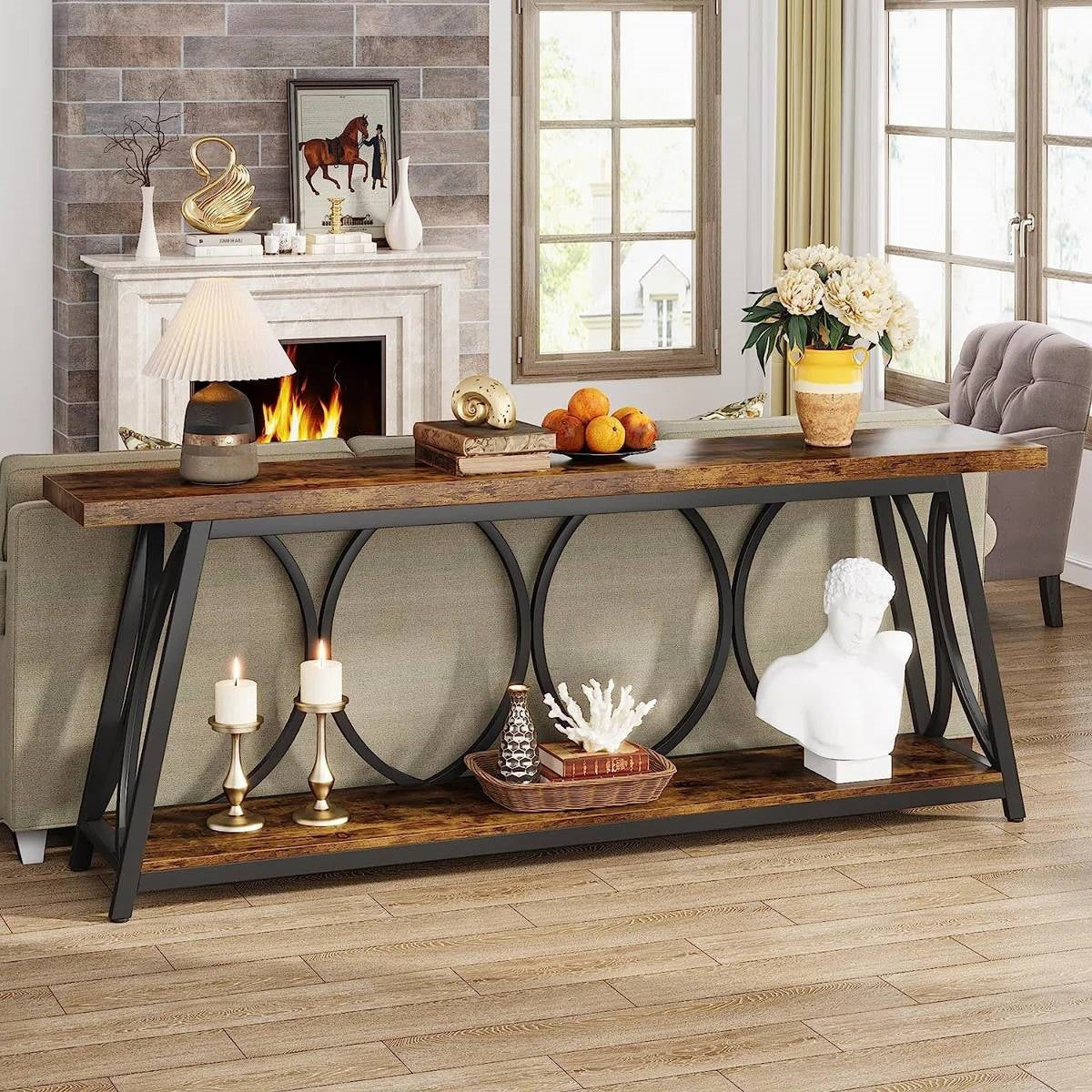 Industrial 70-in. Brown Wood Top Console Table with Heavy Duty Black Metal Frame-0