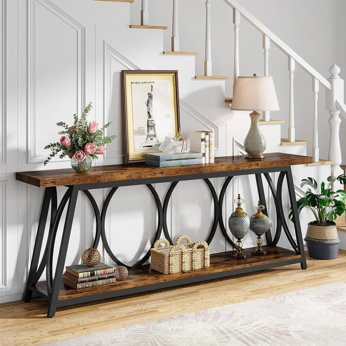 Industrial 70-in. Brown Wood Top Console Table with Heavy Duty Black Metal Frame-1