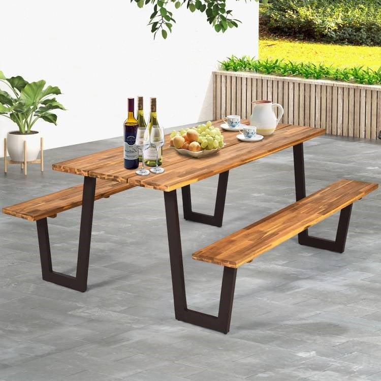 Modern Wooden Picnic Table with 2 Benches Outdoor Patio Dining Set-3